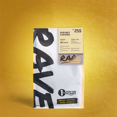 A photo of a RAVE branded coffee pouch, that showcases a rare coffee blend from the range.