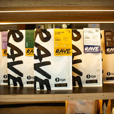 A photo of a several RAVE branded coffee pouches, that showcases the variety across the range.
