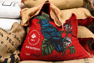 Hessian sacks of green coffee, red decorative bag ready to be shipped