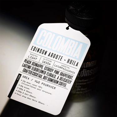 Microlot coffee label with detailed information on a dark background
