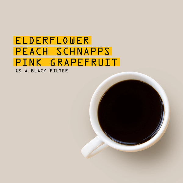 White mug with dark liquid on a beige background, tasting notes overlay 'ELDERFLOWER, PEACH SCHANPPS, PINK GRAPEFRUIT'.