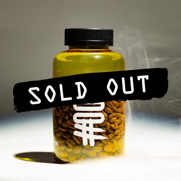 A bottle of RAVE COFFEE's #0003 Colombia Edinson Argote - 150g features a bold black stripe with "SOLD OUT" in white, indicating this specialty coffee is currently unavailable.