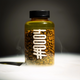 Jar filled with coffee beans labeled '#0004' on a dark background