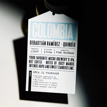 Coffee label with details about Colombian coffee from Sebastian Ramirez Quindio