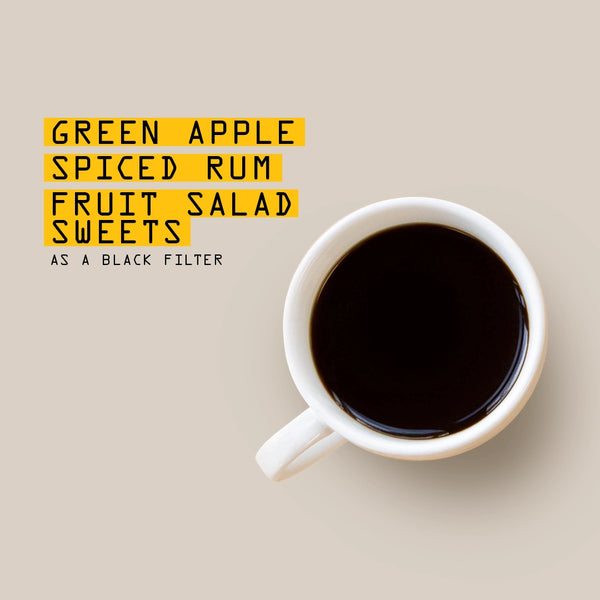 A top-down view of a white ceramic mug filled with black coffee on a warm beige background, next to yellow text that reads 'GREEN APPLE SPICED RUM FRUIT SALAD SWEETS AS A BLACK FILTER'.