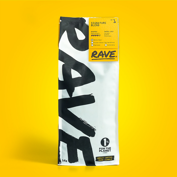 A photo of a Rave branded coffee pouch, that showcases Rave coffee Signature Blend 1kg.