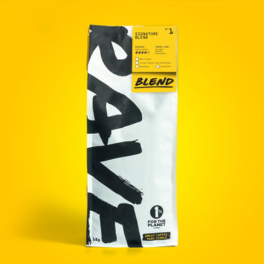 A photo of a Rave branded coffee pouch, that showcases Rave coffee Signature Blend 1kg.