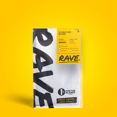 A photo of a Rave branded coffee pouch, that showcases Rave coffee Signature Blend 250g.
