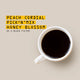 A white ceramic cup filled with black coffee on a warm beige background, with yellow text reading 'PEACH CORDIAL PICK 'N' MIX HONEY BLOSSOM AS A BLACK FILTER'.