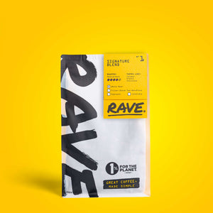 A photo of a RAVE branded coffee pouch, that showcases a popular coffee blend from the range.