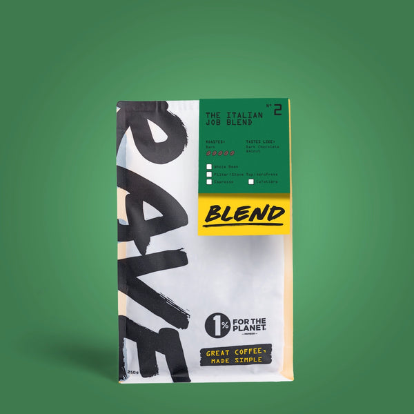 A photo of a RAVE branded coffee pouch, that showcases Rave coffee Italian Job Blend 250g.