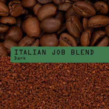 A photo of whole bean and ground coffee for Rave Italian Job Blend.