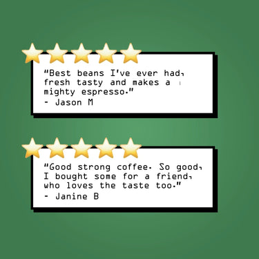 Two customer reviews on a green background, each rated five gold stars. Jason M praises The Italian Job Blend Nº 2 by RAVE COFFEE for its taste and espresso quality; Janine B loves the strong dark roast and will buy more for a friend.