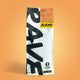 A 1kg bag of Espresso Blend Nº 4 stands upright on a warm orange background. The white bag shows bold black RAVE text, a bright yellow label, and notes its balanced coffee flavor and certifications.