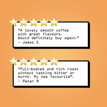 Two five-star reviews on a peach background: James S. praises RAVE COFFEE's Espresso Blend Nº 4 for smooth coffee with toffee notes. Peter R. loves its full-bodied, rich roast that isn't bitter or burnt—it's his new favorite.