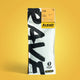 A bag of Rave Coffee’s Fudge Blend Nº 5 sits on a yellow background. The white packaging with bold black text shows tasting notes and a “1% for the Planet” label—ideal for your next flat white or cappuccino.
