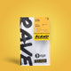 A bag of Fudge Blend Nº 5 coffee beans sits on a yellow background. The white packaging with bold black and yellow accents features “RAVE” branding, ideal for brewing flat whites or cappuccinos with fudge-like flavor notes.