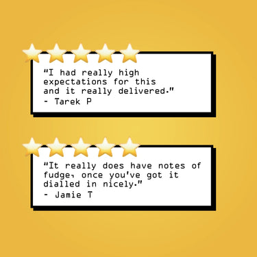 Two five-star reviews for RAVE COFFEE's Fudge Blend Nº 5 on a yellow background: Tarek P says it surpasses expectations, while Jamie T enjoys fudge notes, describing it as perfect for flat whites and other milk-based espresso drinks.