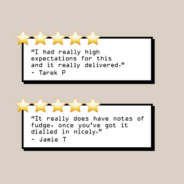 Two customers rated Fudge Blend Nº 5 five stars. Tarek P says it exceeds expectations, while Jamie T highlights fudge notes, especially in milk-based espresso. Both black-text reviews appear on white boxes with drop shadows.