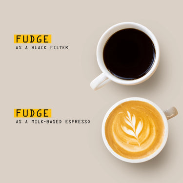Two coffee cups from above: one with black coffee, the other a latte with art. Text reads “Fudge Blend Nº 5 as a black filter” and “Fudge Blend Nº 5 as a milk-based espresso,” showing the versatility of RAVE COFFEE’s Fudge Blend Nº 5 beans.