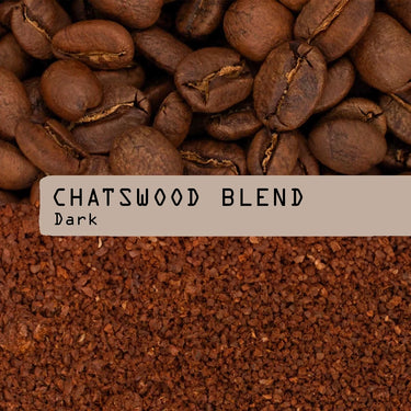 Whole coffee beans and ground coffee are displayed. Across the center, a beige label reads 