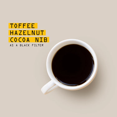 A white cup of black Seasonal Organic Coffee Blend Nº 7 rests on a beige background. Text reads: Toffee, Hazelnut, Cocoa Nib in bold yellow—ideal flavors for your next coffee subscription.