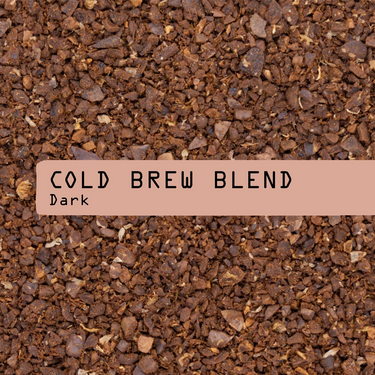 A close-up of dark brown coffee grounds with a beige label that reads 