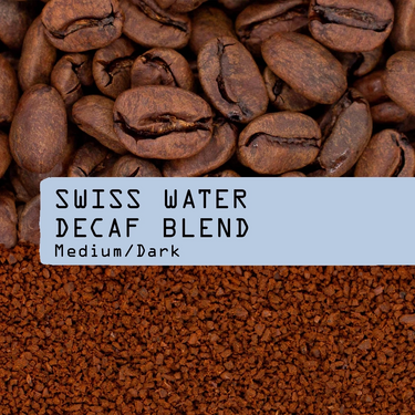 A close-up of whole, decaffeinated coffee beans above ground coffee with a label: Swiss Water Decaf Blend Nº 11, Medium/Dark—crafted using the natural Swiss water process decaf method.