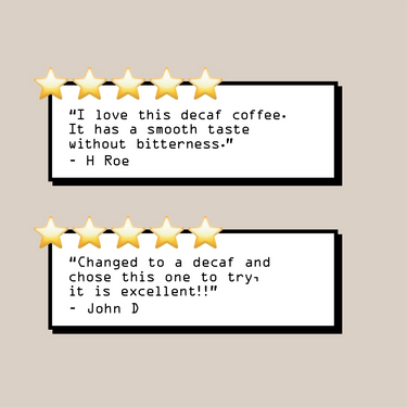 Two five-star customer reviews for Swiss Water Decaf Blend Nº 11: one highlights its smooth, non-bitter taste, and the other calls it excellent. Both reviews are displayed in white boxes on a beige background.