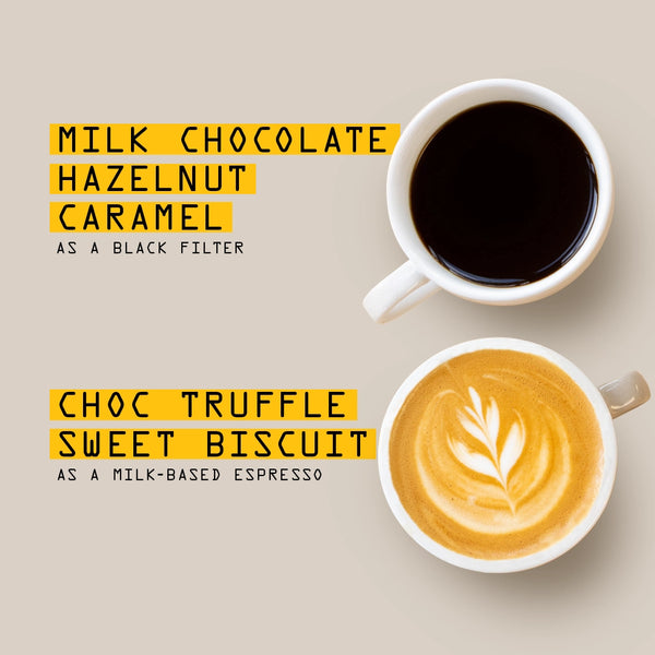Two cups on a light surface: one black medium roast, one latte with art. Black features milk chocolate, hazelnut, caramel notes; latte has choc truffle and sweet biscuit. Both use our smooth Half Caf Blend Nº 13 for lower caffeine enjoyment.
