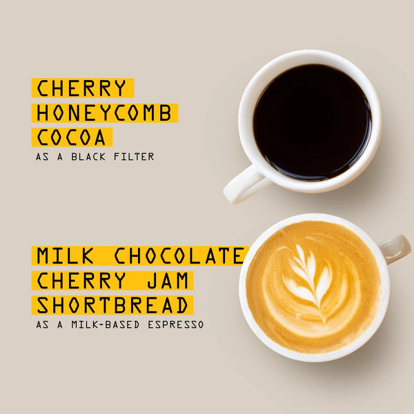 Two cups on a light surface: the top is black Tusk African Blend Nº 24, labeled Cherry Honeycomb Cocoa as a filter. Below, a latte with art is labeled Milk Chocolate Cherry Jam Shortbread, crafted from medium-dark roast milk-based espresso.