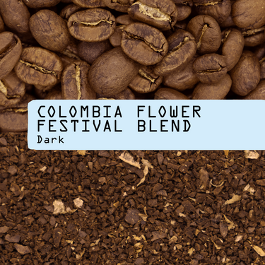 Close-up of whole coffee beans on top, ground coffee on the bottom. A pale blue label in the center reads “Colombia Flower Festival Blend Nº 25” in black typewriter-style font. This limited-release blend from RAVE COFFEE highlights premium Colombian beans, expertly crafted to deliver a distinctive, medium-dark roast profile.