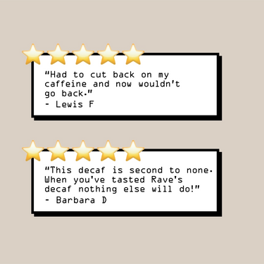 Two black-text reviews on white boxes, each with five gold stars. Lewis F and Barbara D praise Signature Blend Decaf N° 1D's quality and flavor, mentioning the Swiss water process. Beige background.