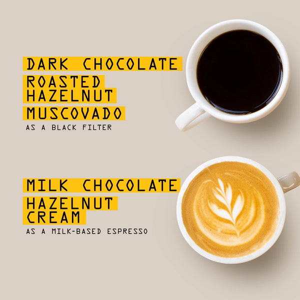 On a beige background sit two cups of coffee—one black and one with creamy latte art. The text highlights the Nº 27 Pistonheads Blend by RAVE COFFEE, describing dark chocolate, hazelnut, and muscovado notes for the dark roast, alongside milk chocolate, hazelnut, and cream flavors in the espresso blend. Perfect for any PistonHeads coffee enthusiast craving rich depth in every sip.