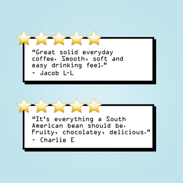 Two five-star reviews for RAVE COFFEE’s Colombia El Carmen Nº 50 on a light blue background. Jacob L-L praises its smooth, easy-drinking taste; Charlie E calls this sustainable coffee fruity, chocolatey, and perfect for fans of South American beans.