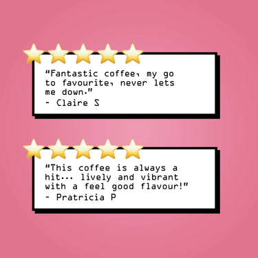 Two 5-star reviews for RAVE COFFEE's Guatemala Bosques de San Francisco Nº 52 on pink: Claire S. calls it her favourite, always fantastic; Patricia P. raves about its lively, vibrant taste and balanced sweet flavour!.