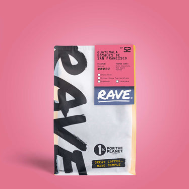 A photo of a RAVE branded coffee pouch, that showcases a single origin coffee from the range.