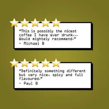 Two five-star reviews on green: Michael B calls RAVE COFFEE's Indian Monsoon Malabar Coffee Nº 53 the nicest beans ever and highly recommends them. Paul B finds it spicy, full-flavored, unique—a very nice taste from the Indian monsoon.