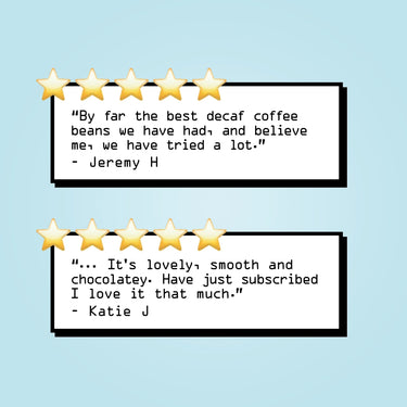 Two five-star reviews in black on white rectangles appear over a light blue background. Jeremy H praises RAVE COFFEE’s Colombia El Carmen Sugarcane Decaf Nº 77; Katie J notes its smooth, chocolatey flavor and mentions a subscription.
