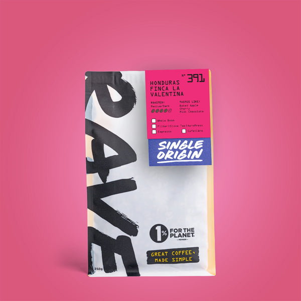 A 250g bag of Honduras Finca La Valentina Nº 391 coffee, featuring bold black lettering on a white background and a pink label with tasting notes of baked apple, cherry, and milk chocolate.