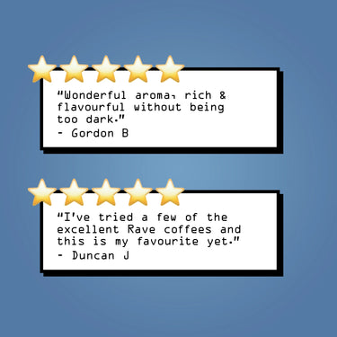 Two 5-star reviews are shown on a blue background. Gordon B loves the aroma and flavor of RAVE COFFEE’s Brazil Guima Estate Nº 303, while Duncan J calls it his favorite, praising its Guima Estate beans and regenerative farming practices.