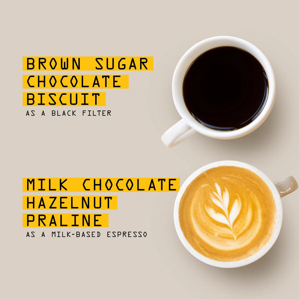 Two cups of classic coffee on a beige background: one holds black RAVE COFFEE Brazil Guima Estate Nº 303, the other a milk-based espresso with latte art. Yellow labels showcase each cup’s unique flavor notes above and below.