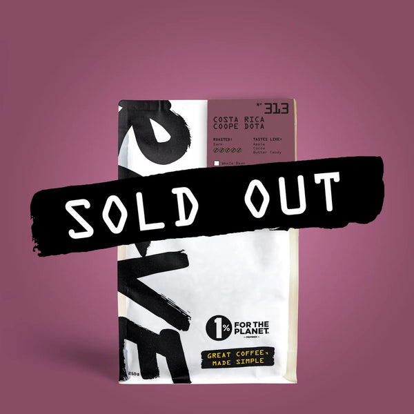 A coffee bag labeled Costa Rica Coope Dota Nº 313 by RAVE COFFEE with a bold SOLD OUT black stripe on a purple background, highlighting its carbon-neutral coffee status and featuring the 1% for the Planet logo.