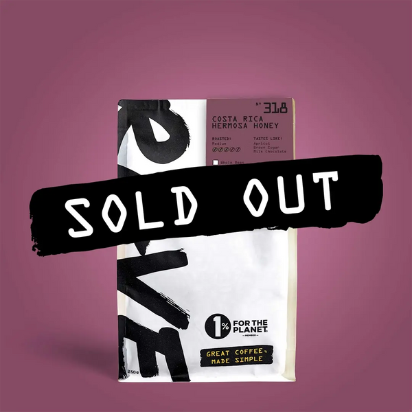 A bag of RAVE COFFEE’s Costa Rica Hermosa Honey Nº 318, with a bold SOLD OUT banner on a purple backdrop. The packaging shows 1% for the Planet and Great Coffee, Made Simple text.
