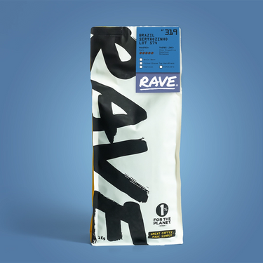 1kg Rave coffee package on a blue background