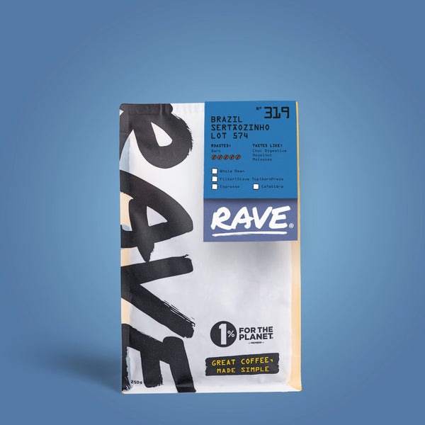 Rave coffee package on a blue background