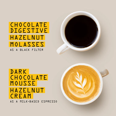 Two coffee cups on a beige background: the top cup features Brazil Sertãozinho Lot 574 Nº 319 by RAVE COFFEE with natural sweetness, while the bottom cup is a latte with leaf art. Flavor notes, like smooth cocoa, are highlighted in yellow beside each cup.