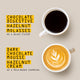Two coffee cups on a beige background: the top cup features Brazil Sertãozinho Lot 574 Nº 319 by RAVE COFFEE with natural sweetness, while the bottom cup is a latte with leaf art. Flavor notes, like smooth cocoa, are highlighted in yellow beside each cup.