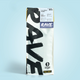 A tall white bag of RAVE COFFEE sits upright against a light blue background, featuring bold black 