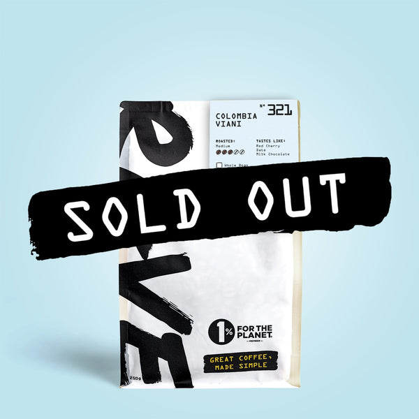 A coffee bag labeled Colombia Viani Nº 321 by RAVE COFFEE shows a bold SOLD OUT banner, set on a light blue background. Spotlighting Bogotá washed coffee, it offers complex flavours plus "1% for the Planet" and "Great Coffee, Made Simple" text.